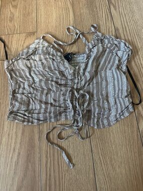 Striped Tie-Front Crop Top in Taupe and Cream